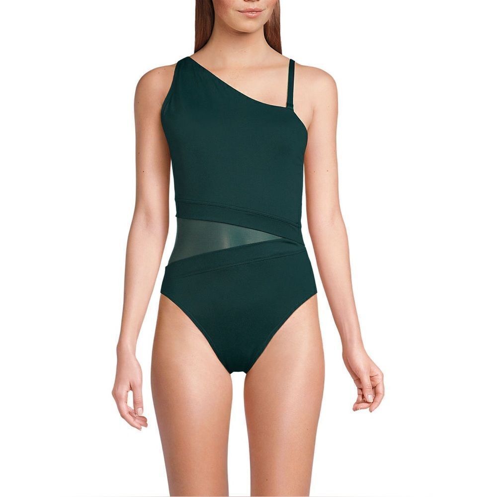 Land's End Plus Size Smoothing Mesh 1 Piece Swimsuit 1 shoulder Balsam Green 12 - Picture 3 of 7